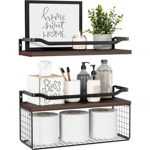 Floating Shelves with Wire Storage Basket Bathroom Shelves Over Toilet